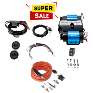 TWIN ONBOARD COMPRESSOR KIT AND PORTABLE TIRE INFLATION KIT, INCLUDES AIR HOSE 18 FOOT LONG AND ACCESSORIES KIT