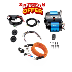 TWIN ONBOARD COMPRESSOR KIT AND PORTABLE TIRE INFLATION KIT, INCLUDES AIR HOSE 18 FOOT LONG AND ACCESSORIES KIT